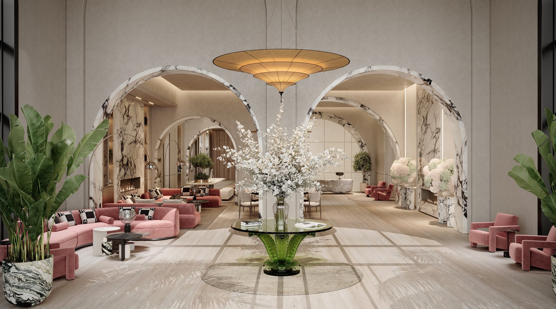 Великолепное лобби: Итальянская мебель Cassina, стол Lalique стоимостью $100,000 и освещение от Tom Dixon и Flos